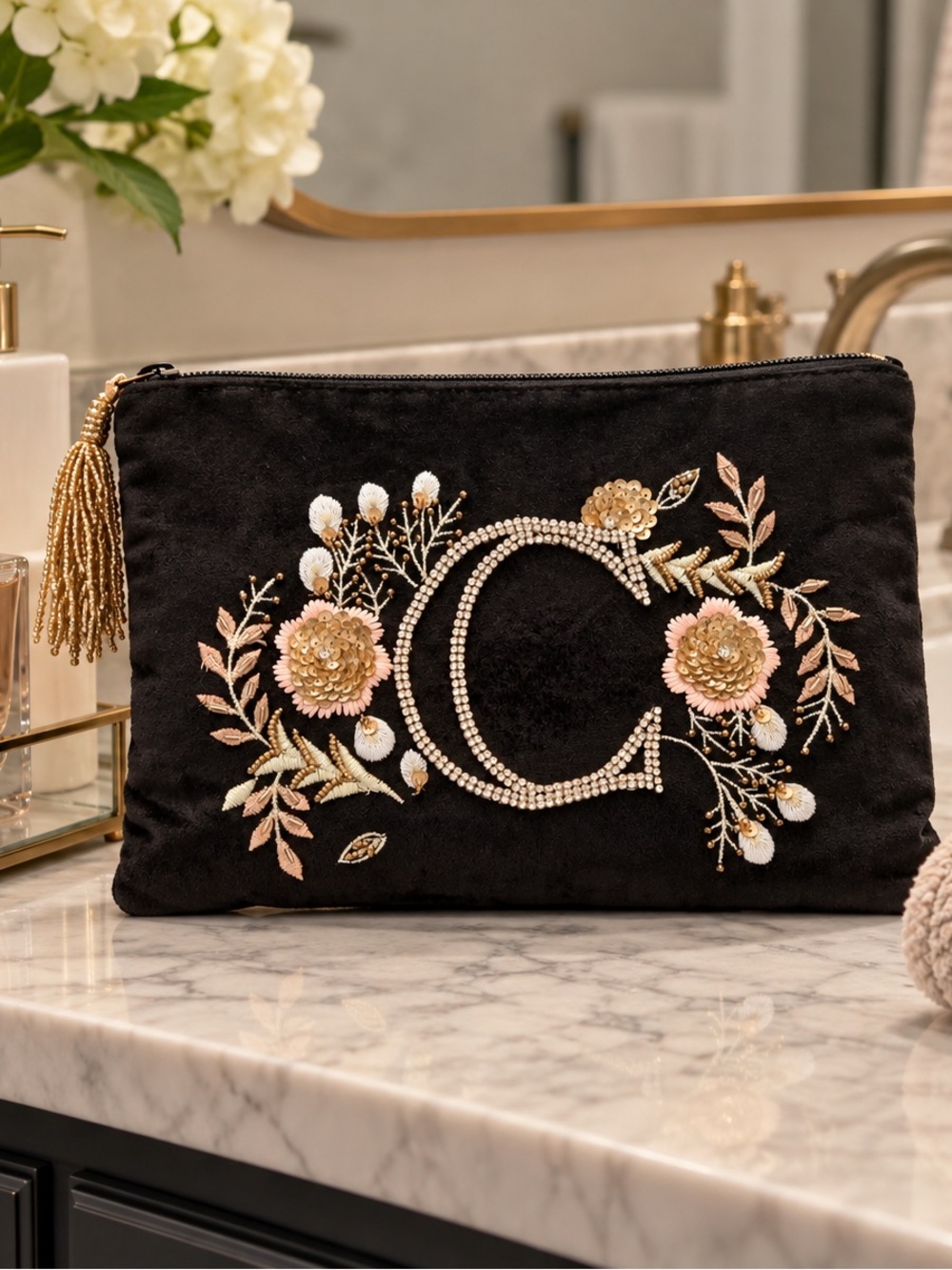 Black Embroidered Floral Initial C Clutch